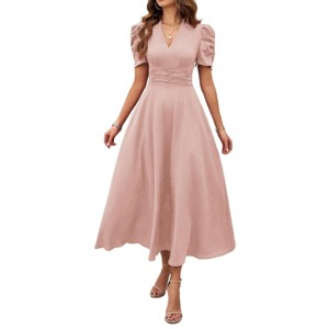BLUEMING Womens Casual Maxi Dresses Puff Sleeve V Neck Flowy Vacation High Waist Boho Pleated Dresses - 1 of 4