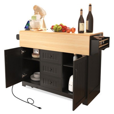 LunaLulinlk 55.7'' Large Kitchen Island with 2 Drop Leaf,, Rolling Kitchen Cart on 5 Wheels with Power Outlet