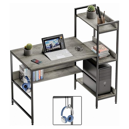 Modern Simple Style Home Office Writing Desk with 2-Tier Drawers Storage  Shelf Headphone Hook