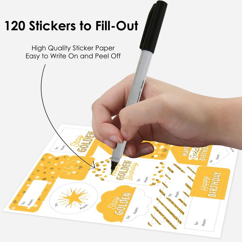 Big Dot of Happiness Golden Birthday - Assorted Happy Birthday Party Gift Tag Labels - To and From Stickers - 12 Sheets - 120 Stickers, 3 of 9