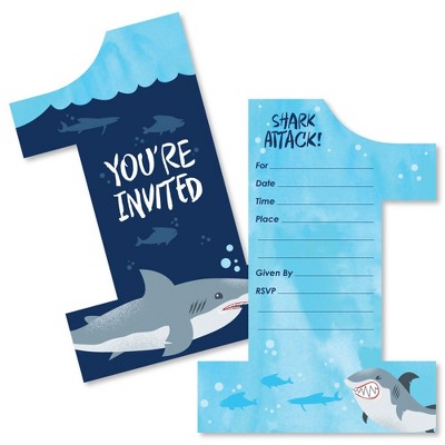 Big Dot of Happiness 1st Birthday Shark Zone - Shaped Fill-In Invites - Jawsome Shark First Birthday Party Invite Cards with Envelopes - Set of 12