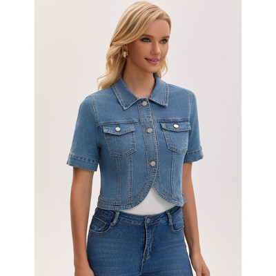 INSPIRE CHIC Women's Short Sleeve Turndown Collar Curve Hem Pockets Denim Cropped Jean Jacket Small Light Blue — фото 2
