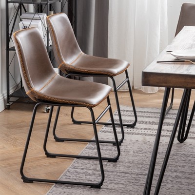 Aryven Industrial 7-Piece Dining Set with Rustic Dark Pine Table and Brown Faux Leather Chairs