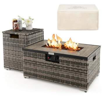 Costway 32"x 20" Propane Rattan Fire Pit Table Set with Side Table Tank & Cover 40,000 BTU Grey/Coffee