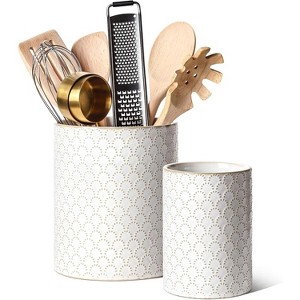 Utensil Holder, 7.1"+5.4" Ceramic Kitchen Utensil Holder for Counter top, Embossed Cooking Utensil Crock - 1 of 4