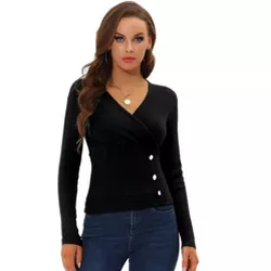 Allegra K Women's V Neck Pullover Slim Fit Top Long Sleeve Stretch Wrap Sweaters Black Large