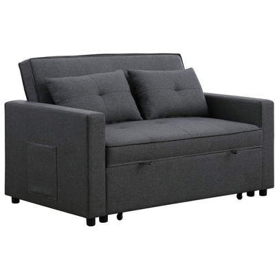 VYNXARIA 56" Dark Gray Linen Convertible Sleeper Loveseat with Side Pocket,Sofa for Living Room