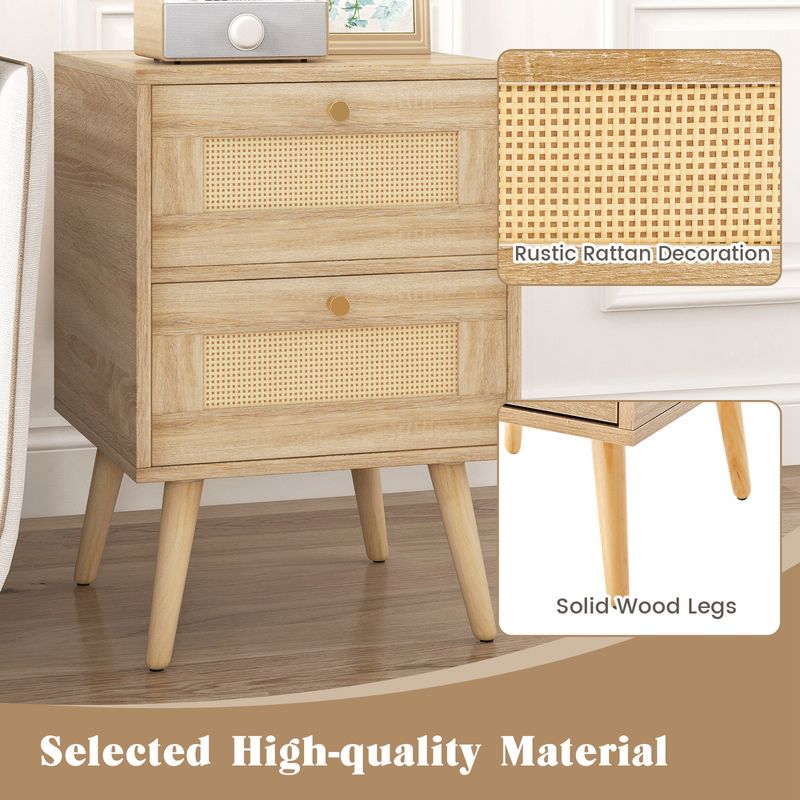 Costway 1/2 PCS Rattan Nightstand Boho Accent Bedside Table with 2 Storage Drawers Natural, 5 of 9