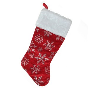 Northlight 20-Inch Red and Silver Glitter Snowflakes Christmas Stocking With a Faux Fur Accent - 1 of 3