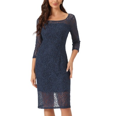 Allegra K Women's Lace 3/4 Sleeve Square Neck Knee Length Sheath Dress ...