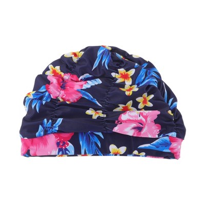 Unique Bargains Polyester Flower Pattern Swim Cap 5.91"x9.25" Navy Blue Pink 1 Pc