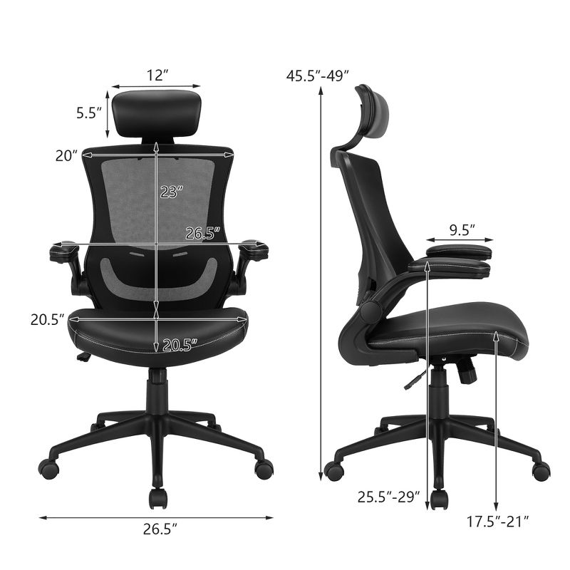 Costway Mesh Back Adjustable Swivel Office Chair w/ Flip up Arms Leather Seat, 4 of 11