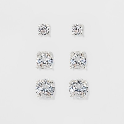 Women's Fashion Trio Crystal Round Stud Earring Set 3pc - A New Day™ Silver