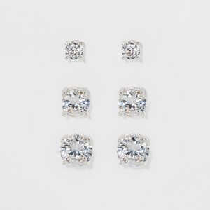 Women's Fashion Trio Crystal Round Stud Earring Set 3pc - A New Day™ Silver: Nickel-Free Metal, Post Closure - 1 of 2
