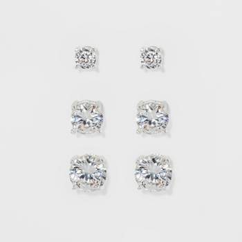 Women's Fashion Trio Crystal Round Stud Earring Set 3pc - A New Day™ Silver