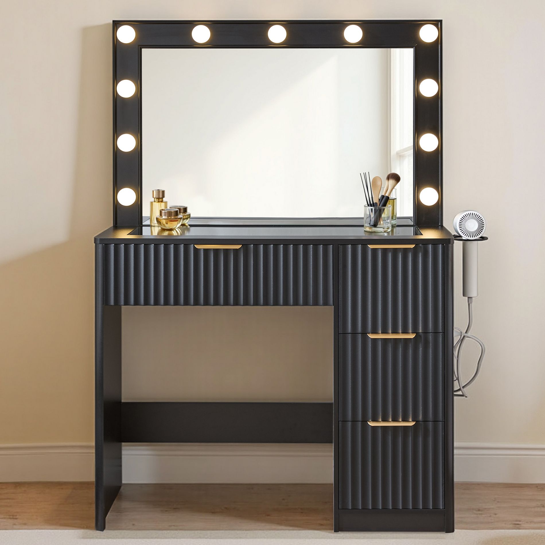 AMERLIFE Makeup Vanity Desk with Mirror & LED Lights, Drawers, Tempered Glass Top, Charging Station, Modern Bedroom Dressing Table