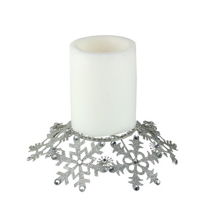 Melrose 9" Snowflake Glittered and Jeweled Christmas Pillar Candle Holder - Silver