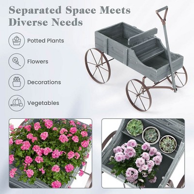 Gray Wooden Wagon Garden Planter with Metal Wheels
