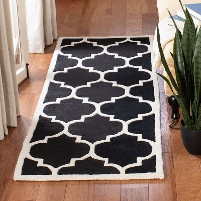 Ivory and Black Geometric Wool Handmade Runner Rug