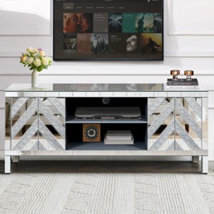 59" Silver Mirrored TV Stand for 65 Inch TV,Modern Glam Media Console with Sparkling M Shape Crystal Doors for Living Room-Baofuwish - 1 of 4