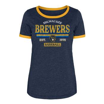 Milwaukee Brewers Shirt Womens Medium Blue Yellow MLB Baseball New Era V  Neck