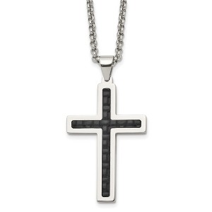 Black Bow Jewelry Stainless Steel & Black Genuine Leather Inlay Cross Necklace, 20 Inch - 1 of 4