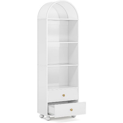 Tribesigns 74.8" Bookcase, Modern Arched Bookshelf with 2 Drawers and 4 Storage Shelves, Book Display Storage with Acrylic Top for Home Office, White