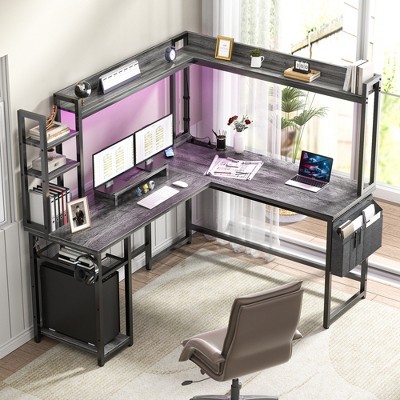 Aheaplus L Shaped Gaming Desk with Led Light & Hutch, Reversible Home Office Desk