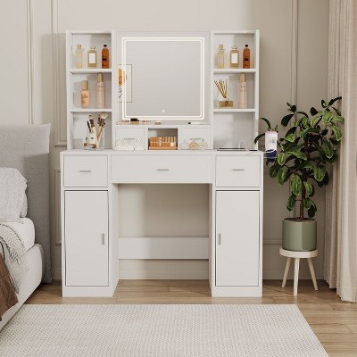 Sapphtopaz Dressing Table Modern Makeup Vanity with Socket, LED 3-color Illuminated Mirror, Drawers, Shelffor for Dressing Room