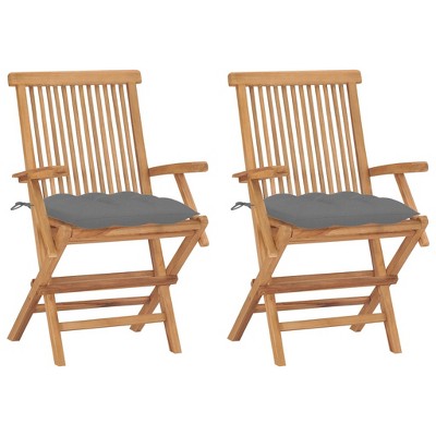vidaXL Set of 2 Teak Wood Patio Chairs with Gray Cushions - Weather-Resistant Outdoor Furniture, Foldable, Easy Cleaning, Lightweight