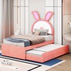 XIYUYEU Twin/Full Velvet Upholstered Bed Frame with Trundle and 3 Drawers,Rabbit-Shaped Headboard with LED Lights for Kids,Solid Wood Slats Support - 2 of 4