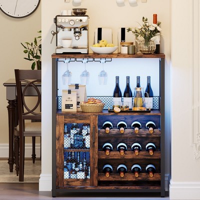 Whizmax 3-Tier Wine Bar Cabinet, Detachable Wine Rack and Storage Space, Glass Holder and Mesh Door, for Kitchen and Bar, Rustic Brown