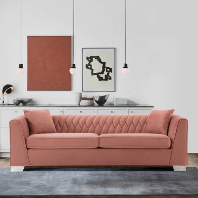 Blush Pink Velvet 90.5'' Contemporary Sofa with Stainless Steel Legs