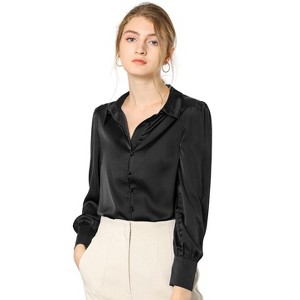 INSPIRE CHIC Women's Puff Long Sleeve Point Collar Vintage Button Work Satin Shirt - 1 of 4
