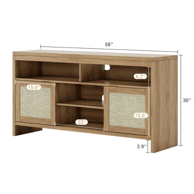 Dimension diagram of farmhouse-style wicker TV cabinet with measurements