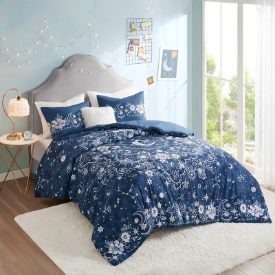 Navy Celestial Star Print Twin Comforter Set with Decorative Pillow