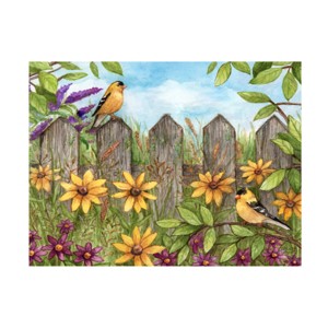 Trademark Fine Art - Melinda Hipsher Yellow Finches On Fence With Flowers Canvas Art - 1 of 4