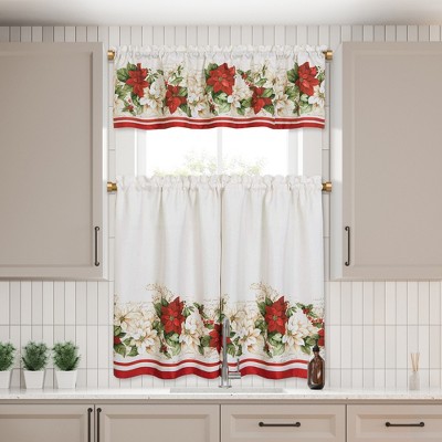 White and Red Poinsettia Polyester Holiday Tier Curtain Set