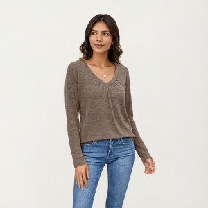 Anna-Kaci Women's Long Sleeve V-Neck Top with Subtle Front Pleat and Relaxed Fit - 1 of 4