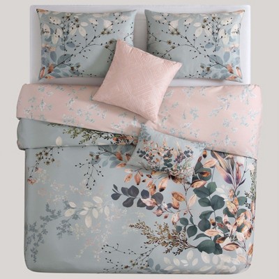 Peach Leaves on Sage Cotton Reversible Queen Comforter Set