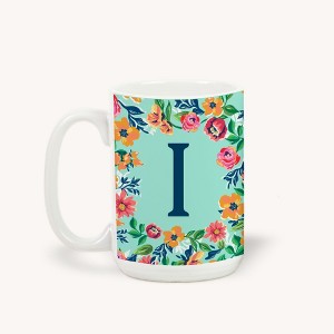 Personalization Mall Flowery Initial Coffee Mug, 15 Oz., Blue Aqua - 1 of 1