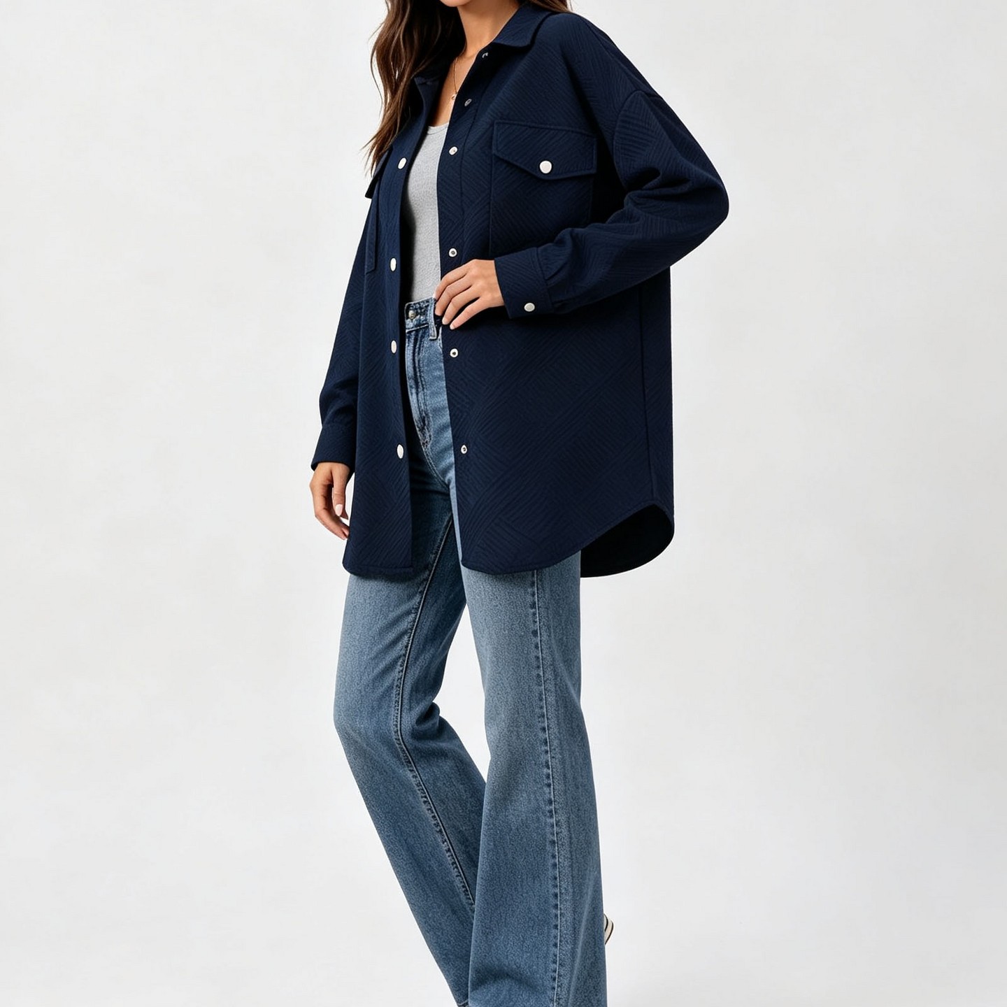 Женская куртка YesFashion Textured Button Down Shacket, Long Sleeve Lapel Casual Jacket with Chest Pocket, Loose Fit Outerwear for Daily Commute Navy blue, цвет: Тёмно-синий — фото 3