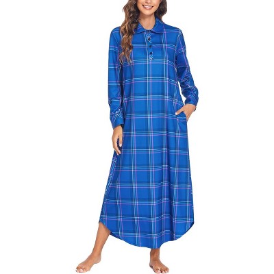 Ekouaer Women's Nightgown Long Sleeve Nightshirt Full Length Loungewear Plaid Sleepwear With Pockets