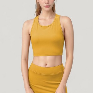 Anna-Kaci Active Women's High Neck Ribbed Sports Bra with Longline Fit and Wide Strap Support for Low to Medium Impact Workouts - Small, Yellow - 1 of 4