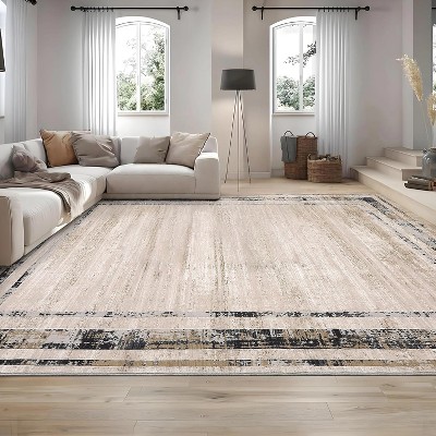 Washable Area Rug – Modern Minimalist Distressed Non-Slip Low Pile Stain-Resistant Floor Carpet for Living Room, Bedroom, Dining