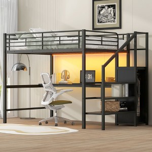 Sapphtopaz Full Size Metal Loft Bed with Storage Stairs & Desk Loft Bed with Small Wardrobe & LED for Teens Adults Bed Frame for Bedroom - 1 of 4