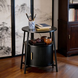 1PC/2PCS Fluted 2 Tiers Side Table Charging Station Round Storage Cabinet Mid Century Modern End Table Small Space Bedroom Living Room - 1 of 4