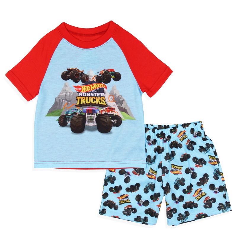 Hot Wheels Toddler Boy's Monster Trucks Toys Tossed Print Pajama Set Short Blue, 1 of 5