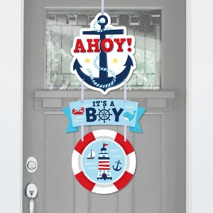 Big Dot of Happiness Ahoy It's a Boy - Hanging Porch Nautical Baby Shower Outdoor Decorations - Front Door Decor - 3 Piece Sign - 1 of 4
