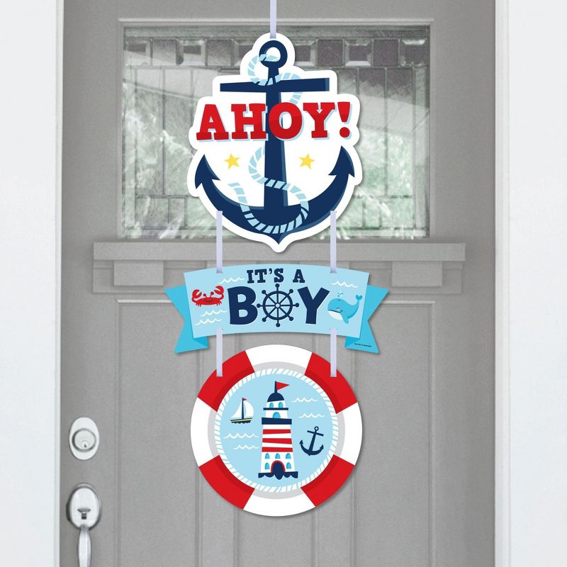 Big Dot of Happiness Ahoy It's a Boy - Hanging Porch Nautical Baby Shower Outdoor Decorations - Front Door Decor - 3 Piece Sign, 1 of 9